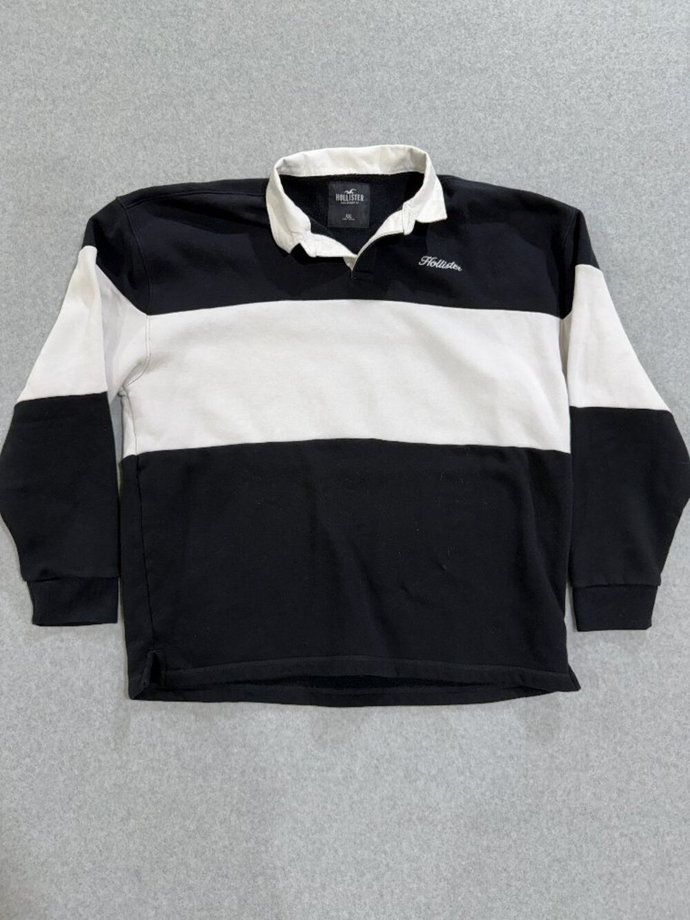 Hollister Mens XXL Rugby Sweatshirt Black White Striped Fleece Polo Pullover